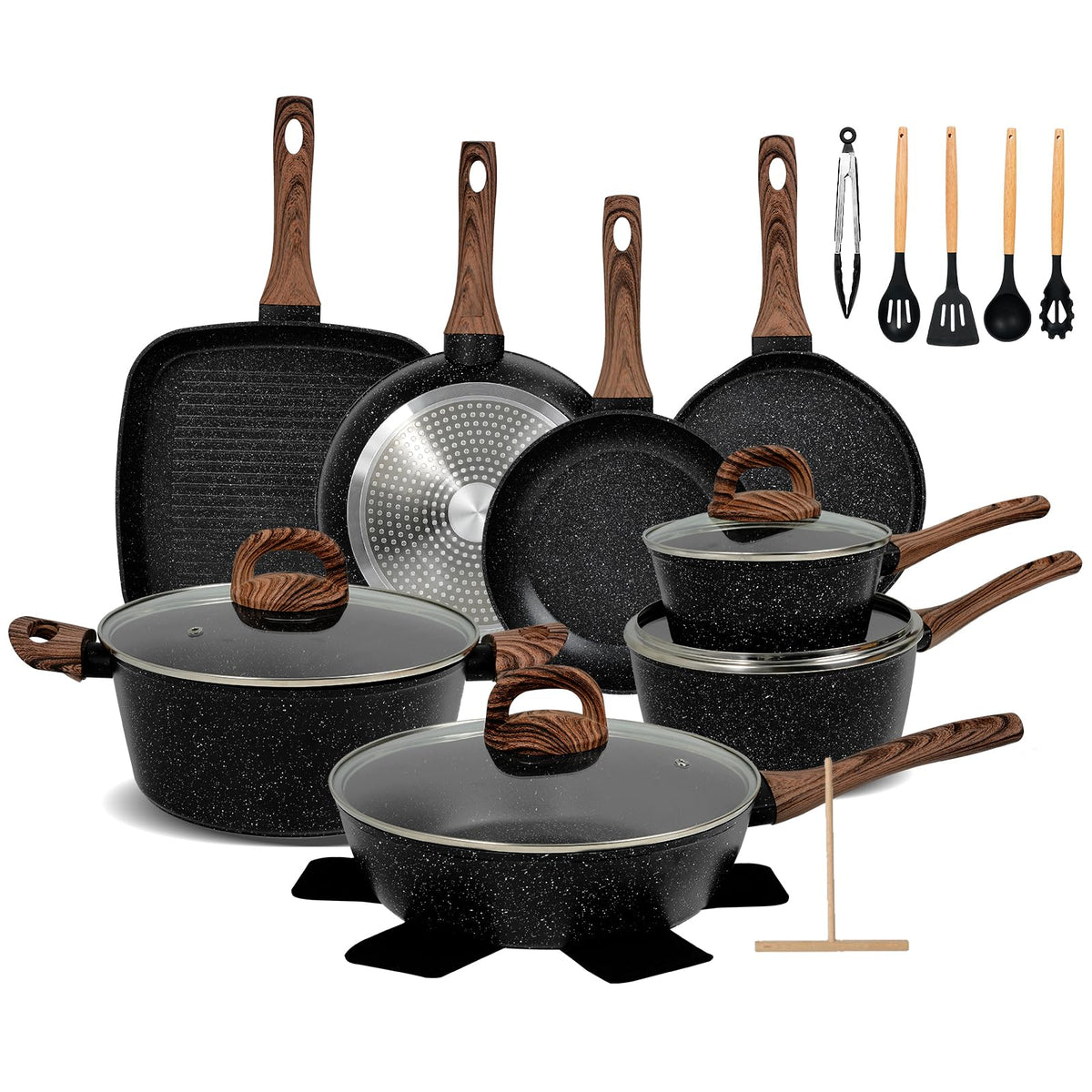 EWFEN 25-piece nonstick set in sleek black for versatile home cooking.