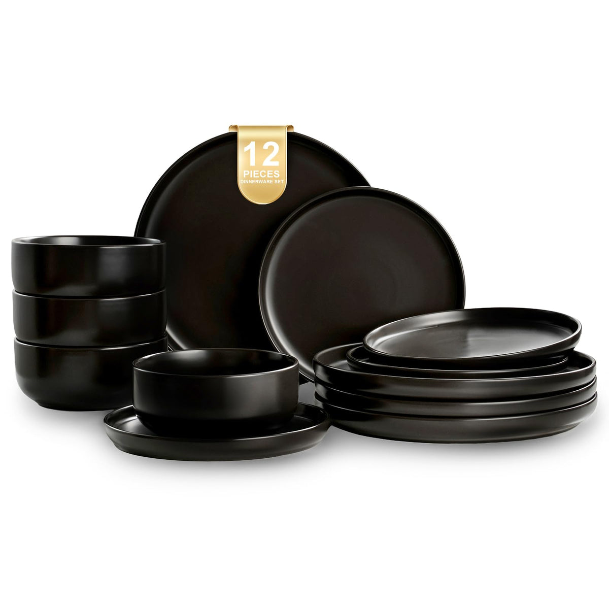 EWFEN plates and bowls set in matte black for stylish dining and easy stacking.