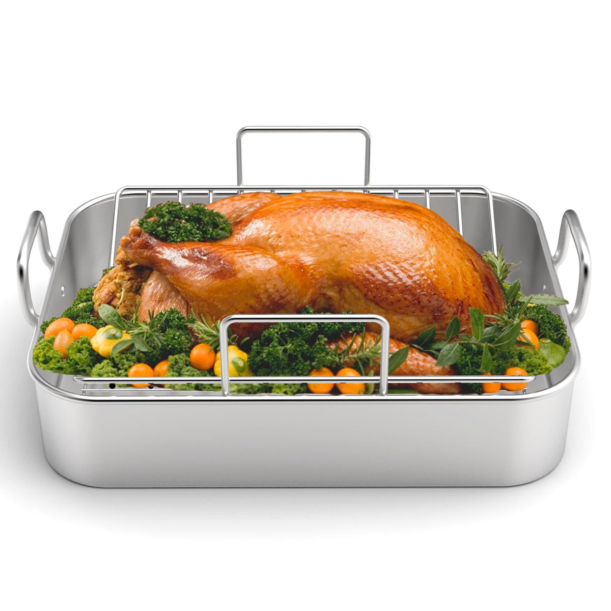 EWFEN 17x13 inch stainless roasting pan with rack for even heat distribution.