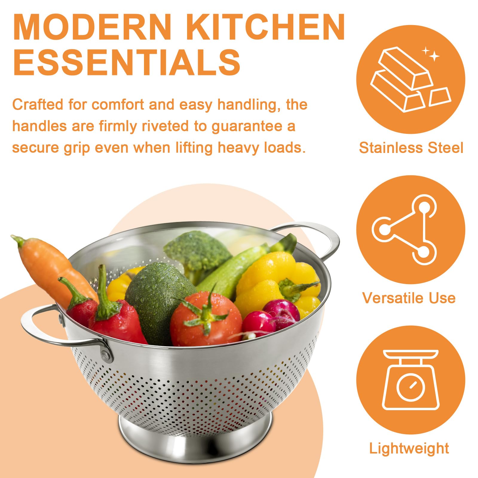 EWFEN colander with elevated base, side angle showing dry counters