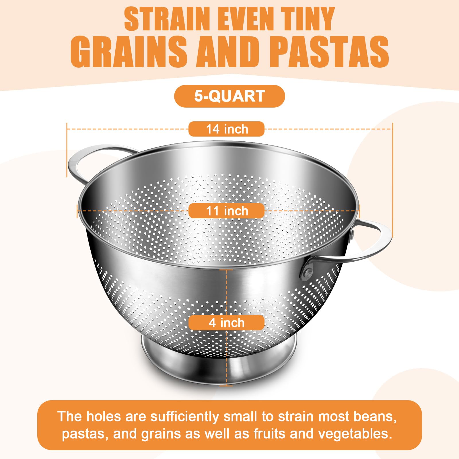 EWFEN colander 5 qt with oversized handles, side view for safe lifting