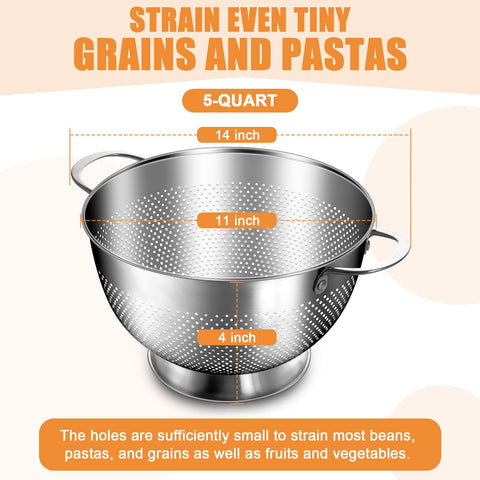 EWFEN colander 5 qt with oversized handles, side view for safe lifting