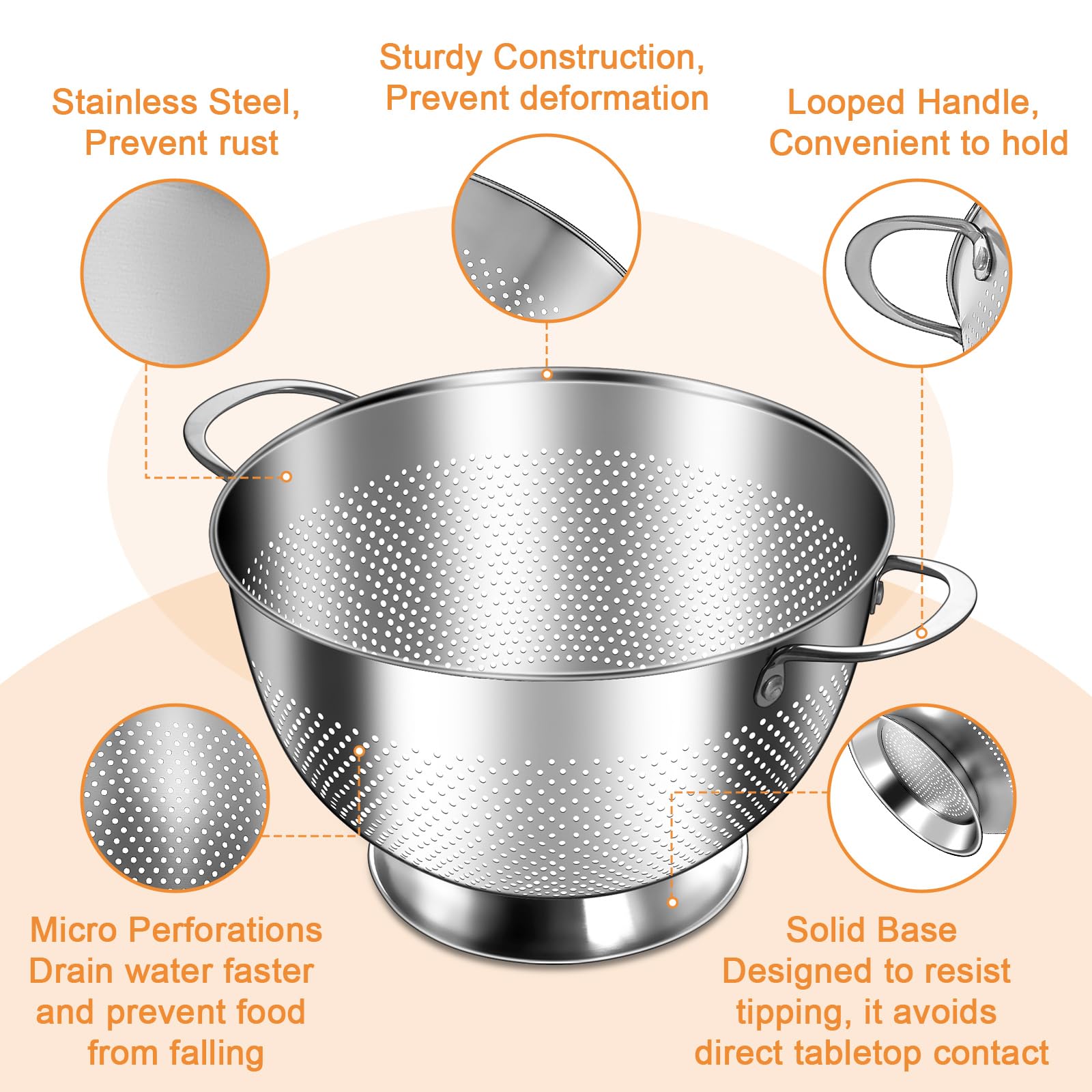 EWFEN rust-resistant mesh colander, front view highlighting sturdy construction