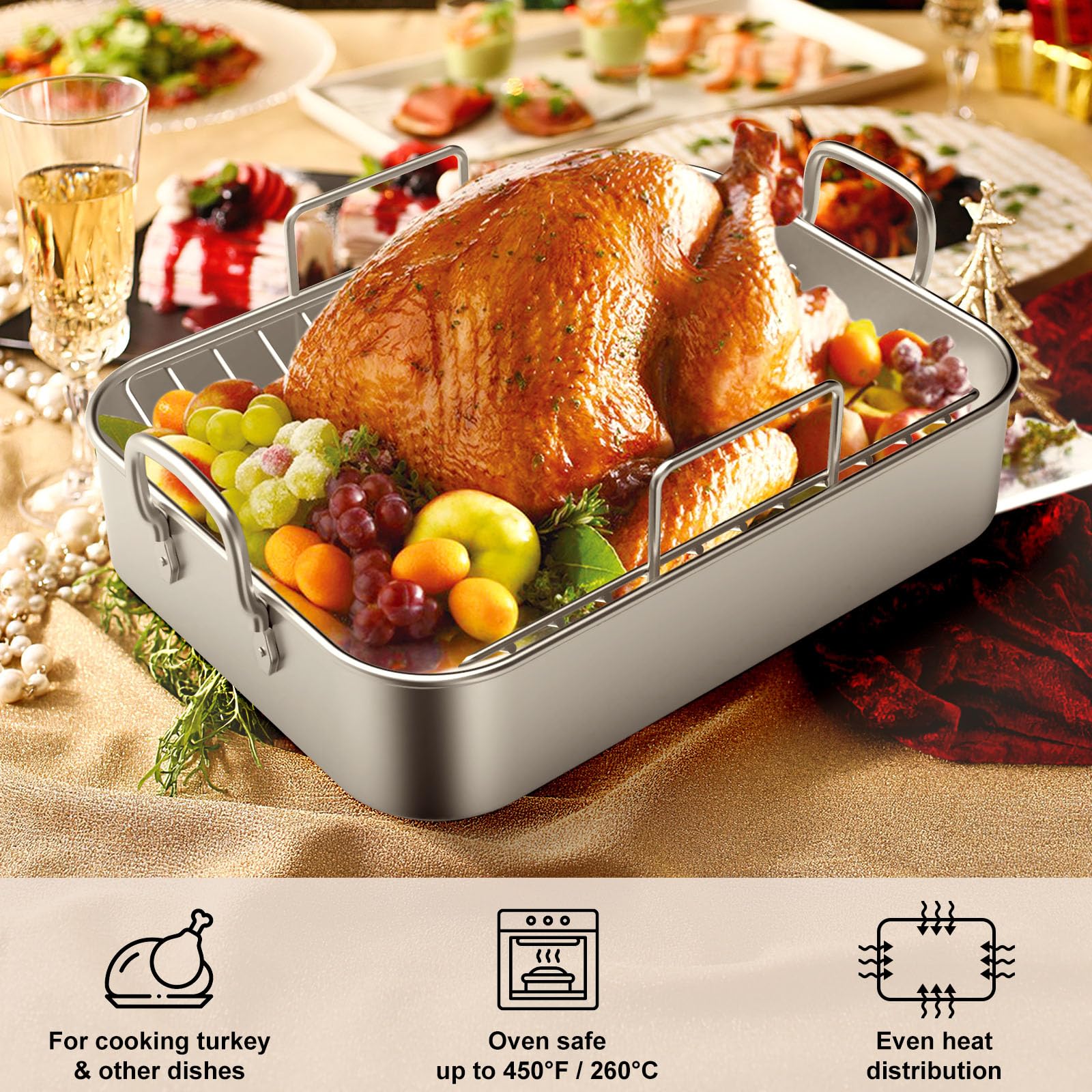 EWFEN stainless pan with rack side view reveals raised rack for fat drainage.