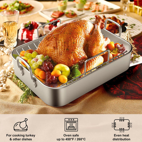 EWFEN stainless pan with rack side view reveals raised rack for fat drainage.