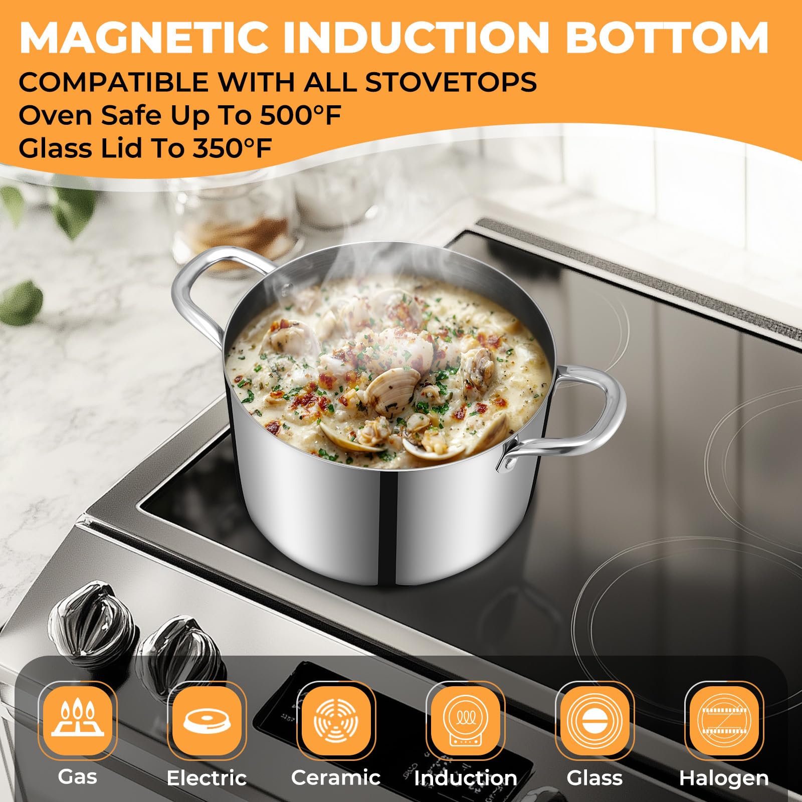 EWFEN Tri-Ply stock pot ergonomic handles stay cool during cooking.