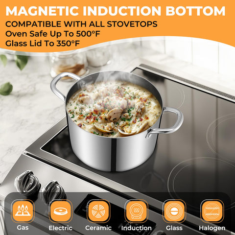 EWFEN Tri-Ply stock pot ergonomic handles stay cool during cooking.