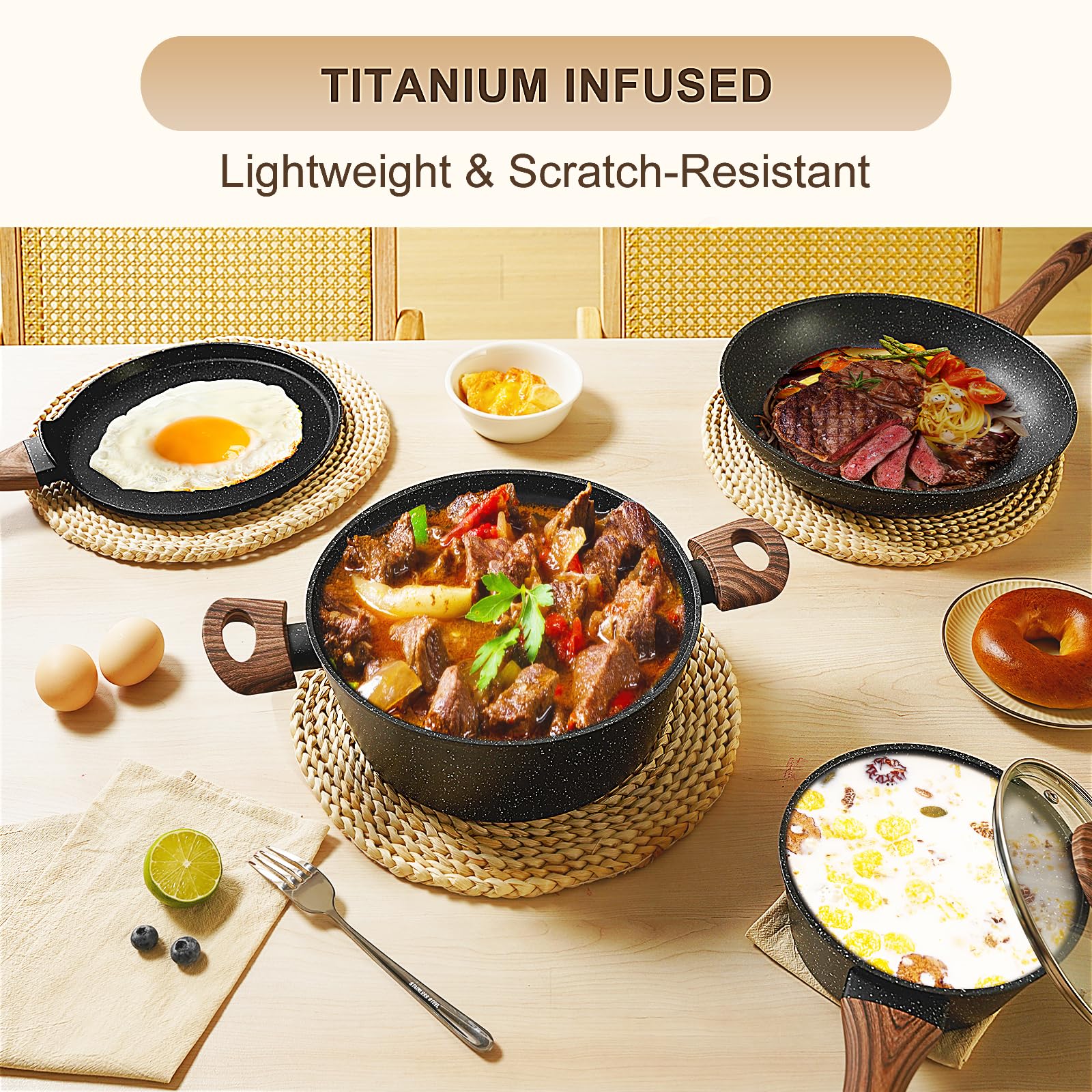 Various pot sizes and lids showcase the set's versatile cooking options.