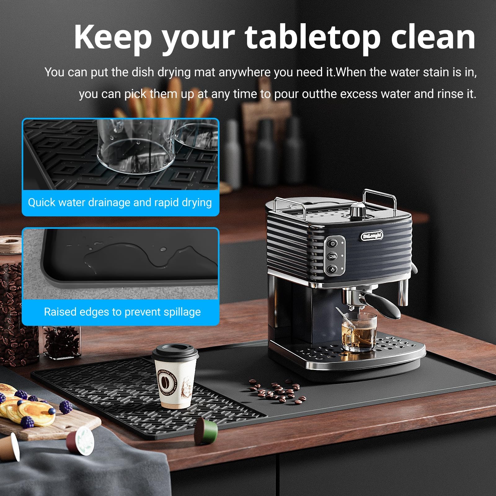 EWX silicone coffee mat raised edge contains spills and protects countertops.
