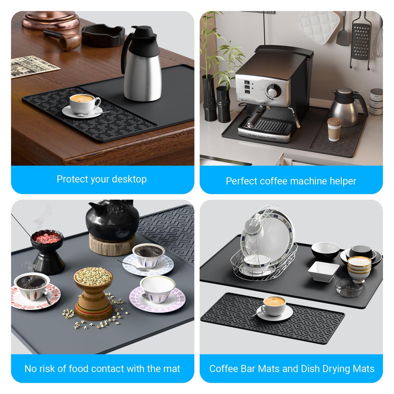 EWX silicone coffee mat under dish rack protects surfaces during drying.