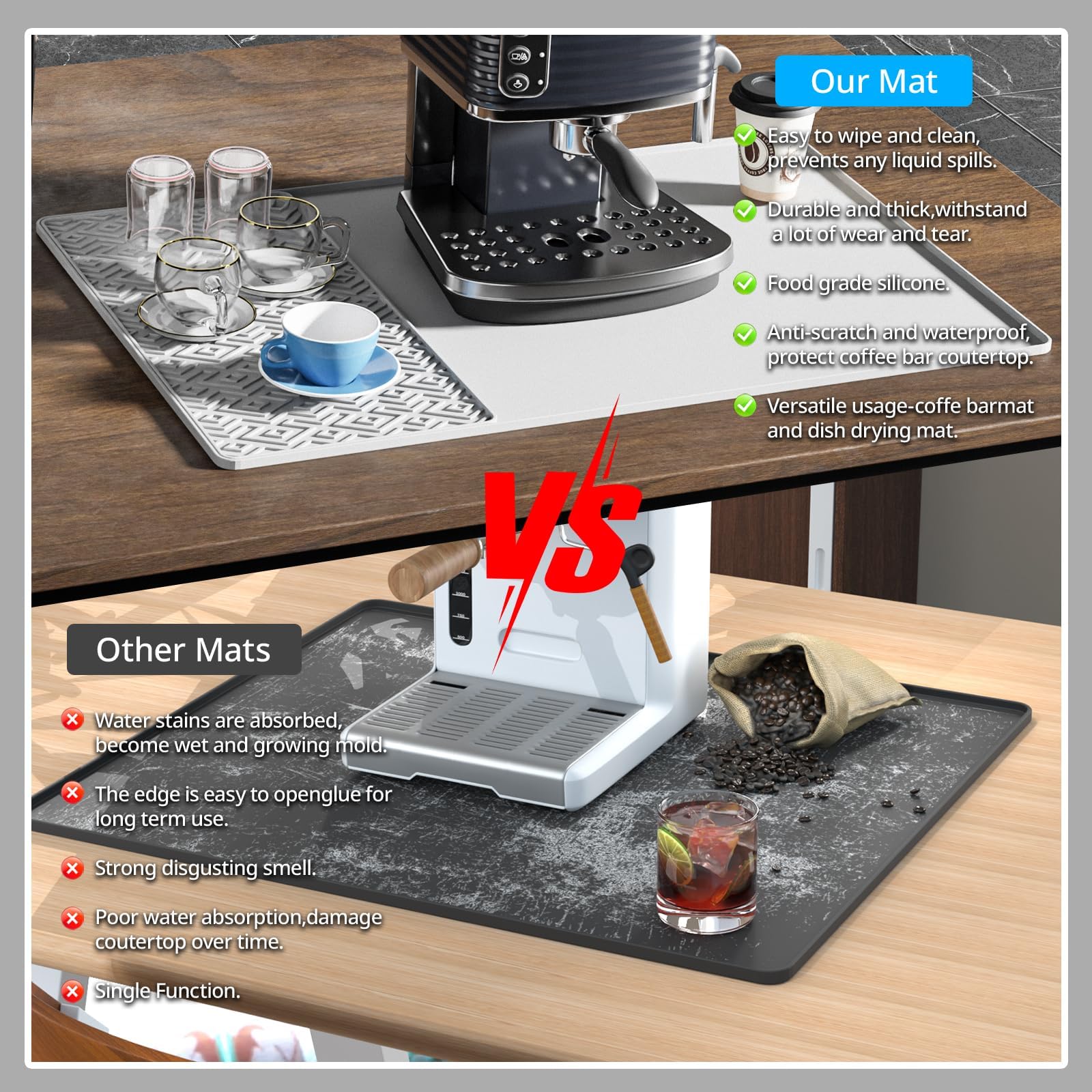 EWX raised-edge containment keeps spills from spreading across counters.