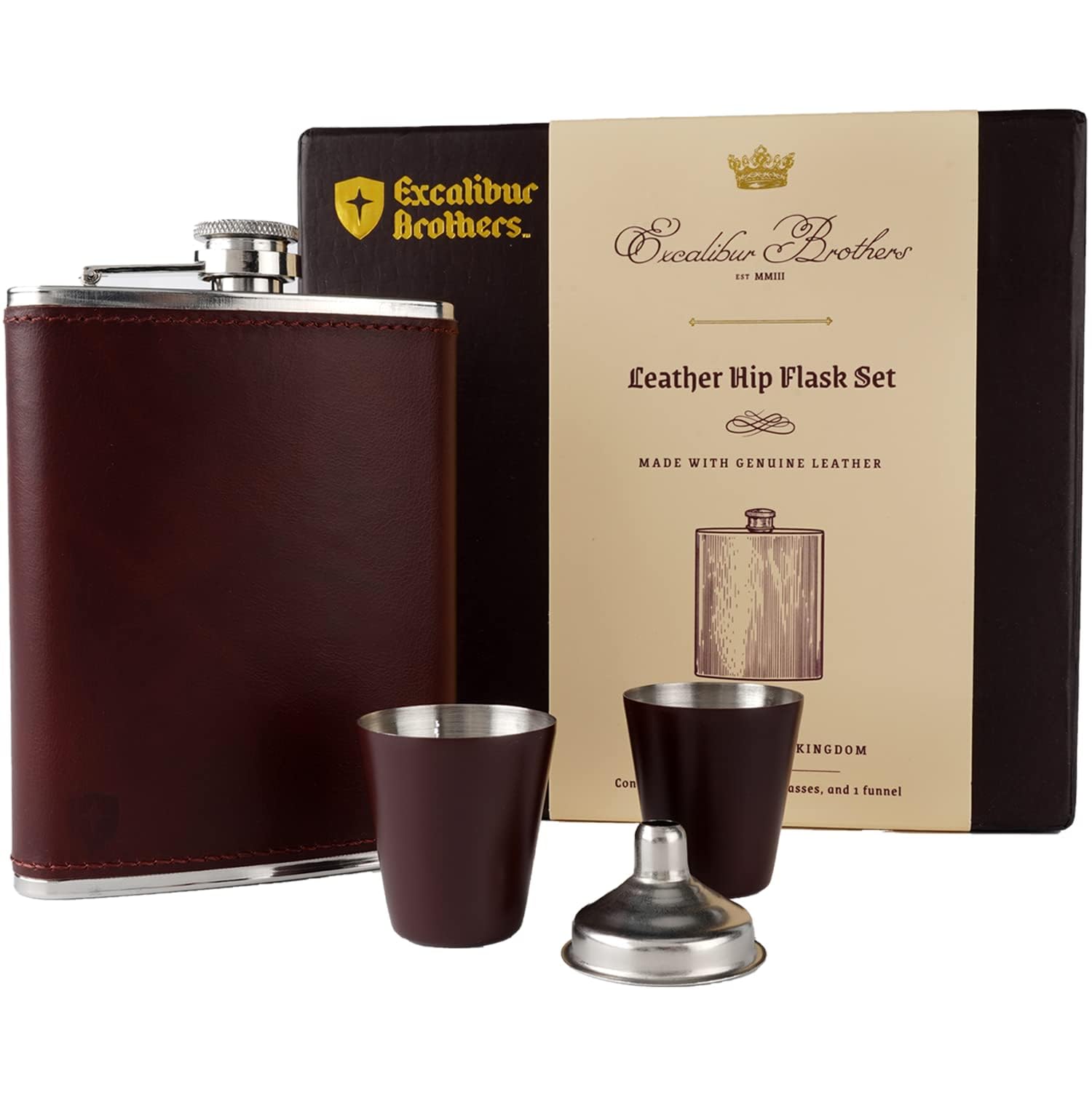 Excalibur Brothers leather flask brown with premium wrap for elegant on-the-go use
