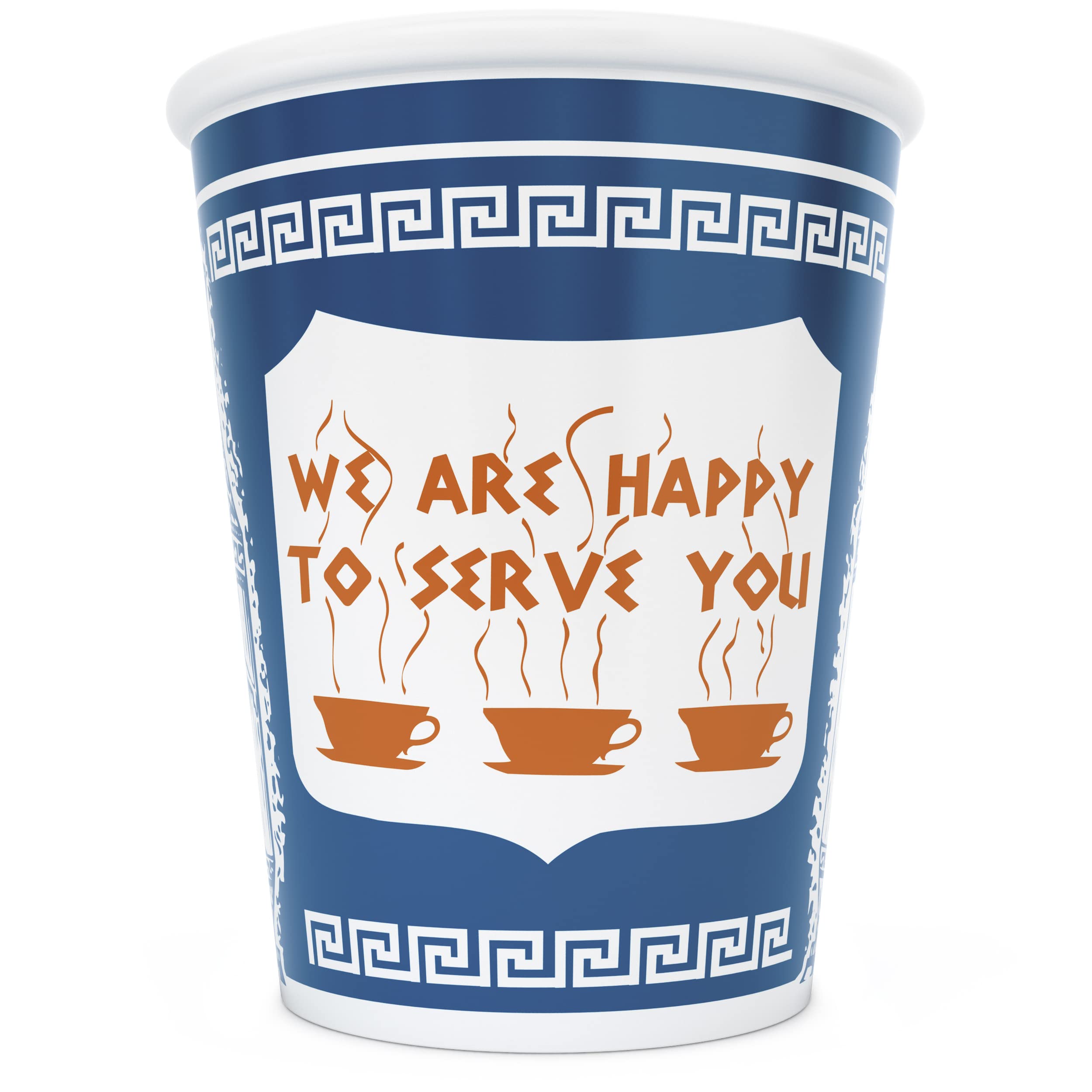 ExceptionLab NYC Greek ceramic cup, front view, nostalgic to-go design for coffee.