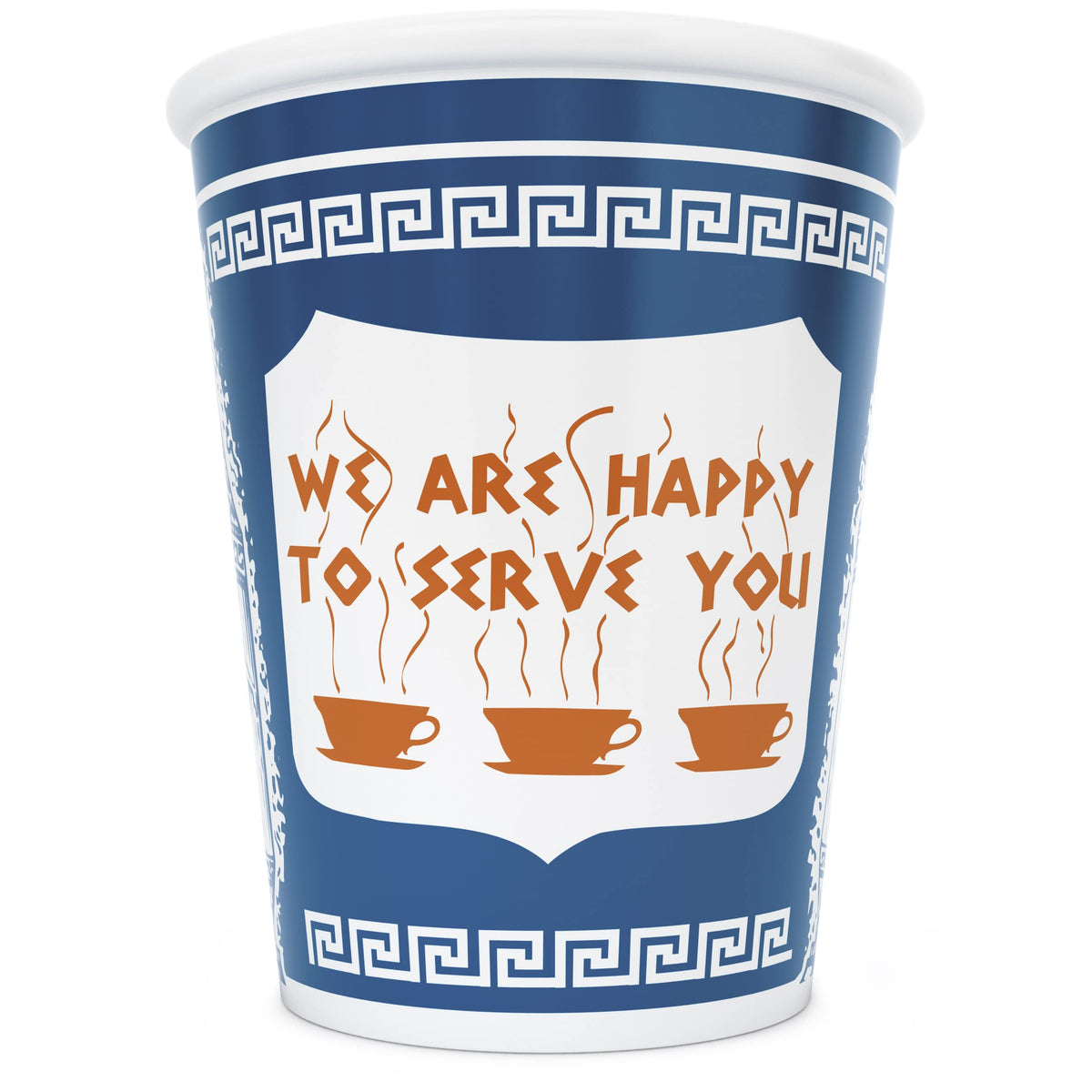 ExceptionLab NYC Greek ceramic cup, front view, nostalgic to-go design for coffee.