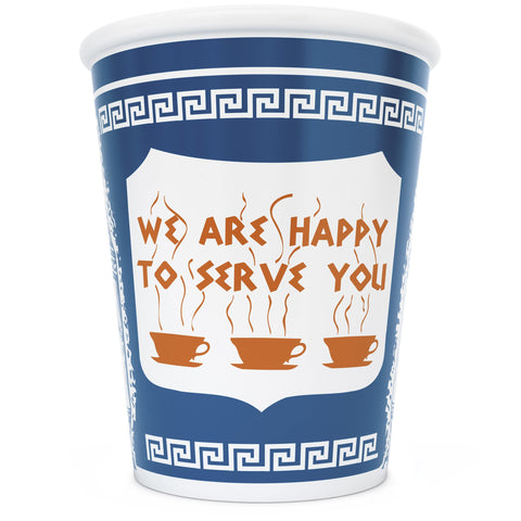 ExceptionLab NYC Greek ceramic cup, front view, nostalgic to-go design for coffee.