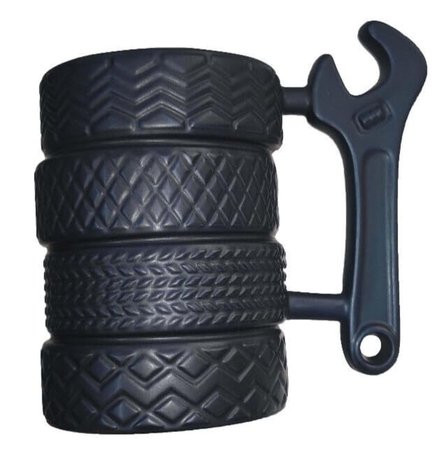 EXIGENT tire mug side view highlights tire-shaped silhouette for unique style