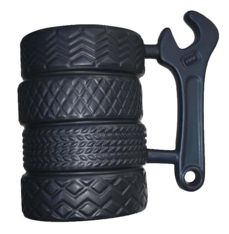 EXIGENT tire mug side view highlights tire-shaped silhouette for unique style