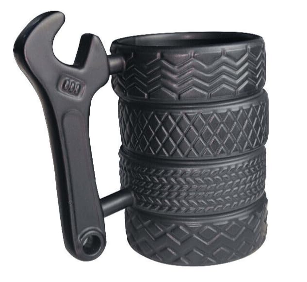 EXIGENT tire mug with wrench-handle ergonomic grip for comfortable sipping