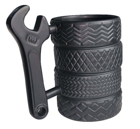 EXIGENT tire mug with wrench-handle ergonomic grip for comfortable sipping
