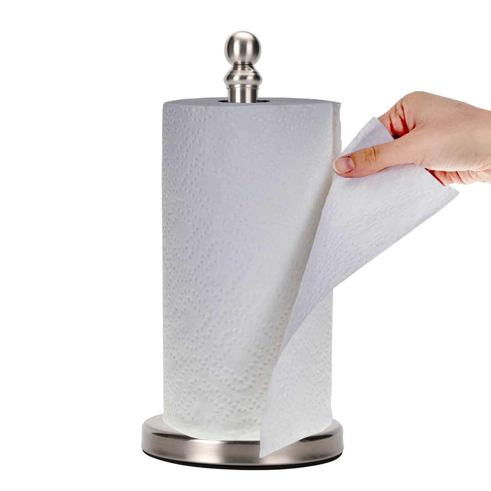 Exilon paper towel holder with a weighted base for stable countertop use.