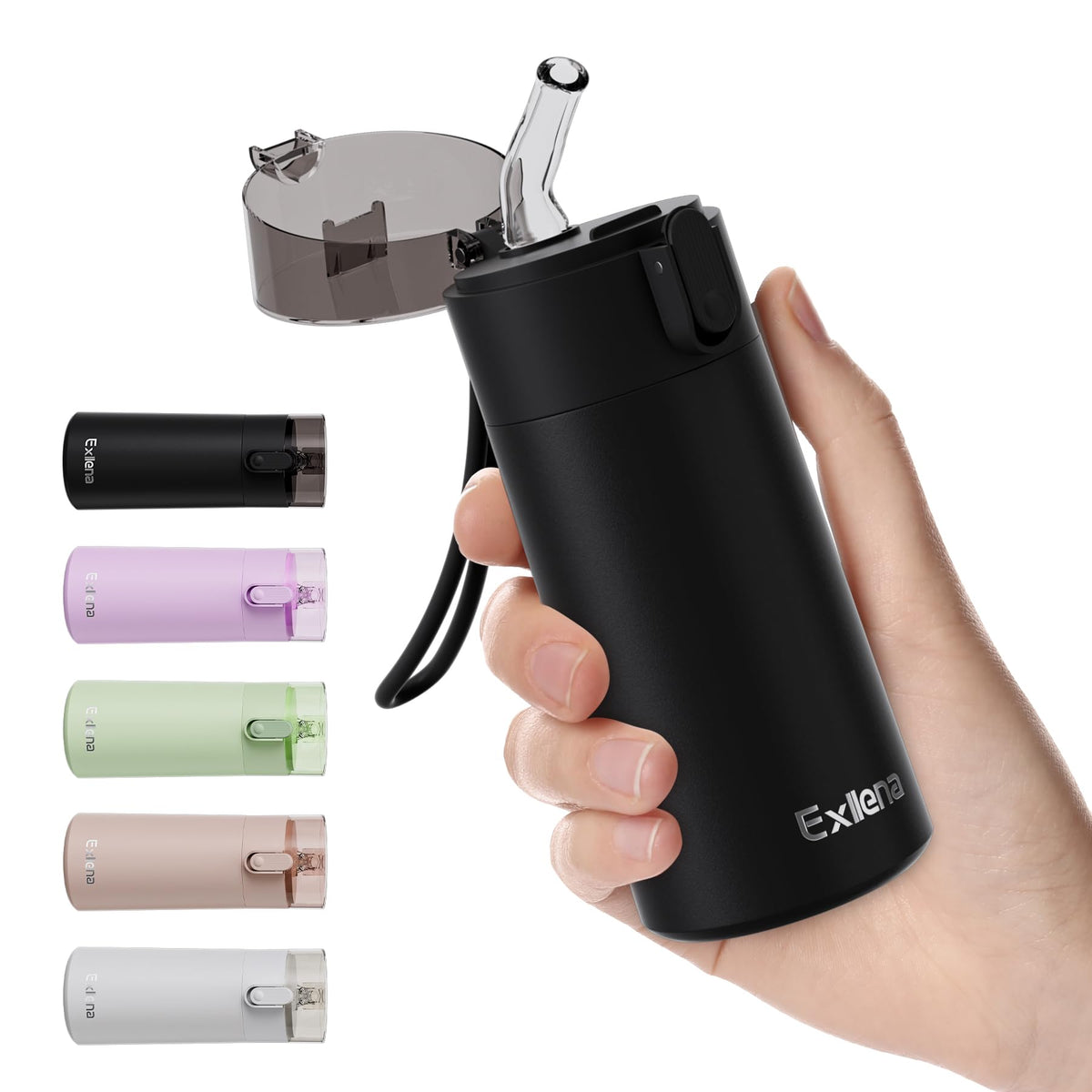 Exllena 5oz bottle with straw demonstrates one-hand operation for quick sips