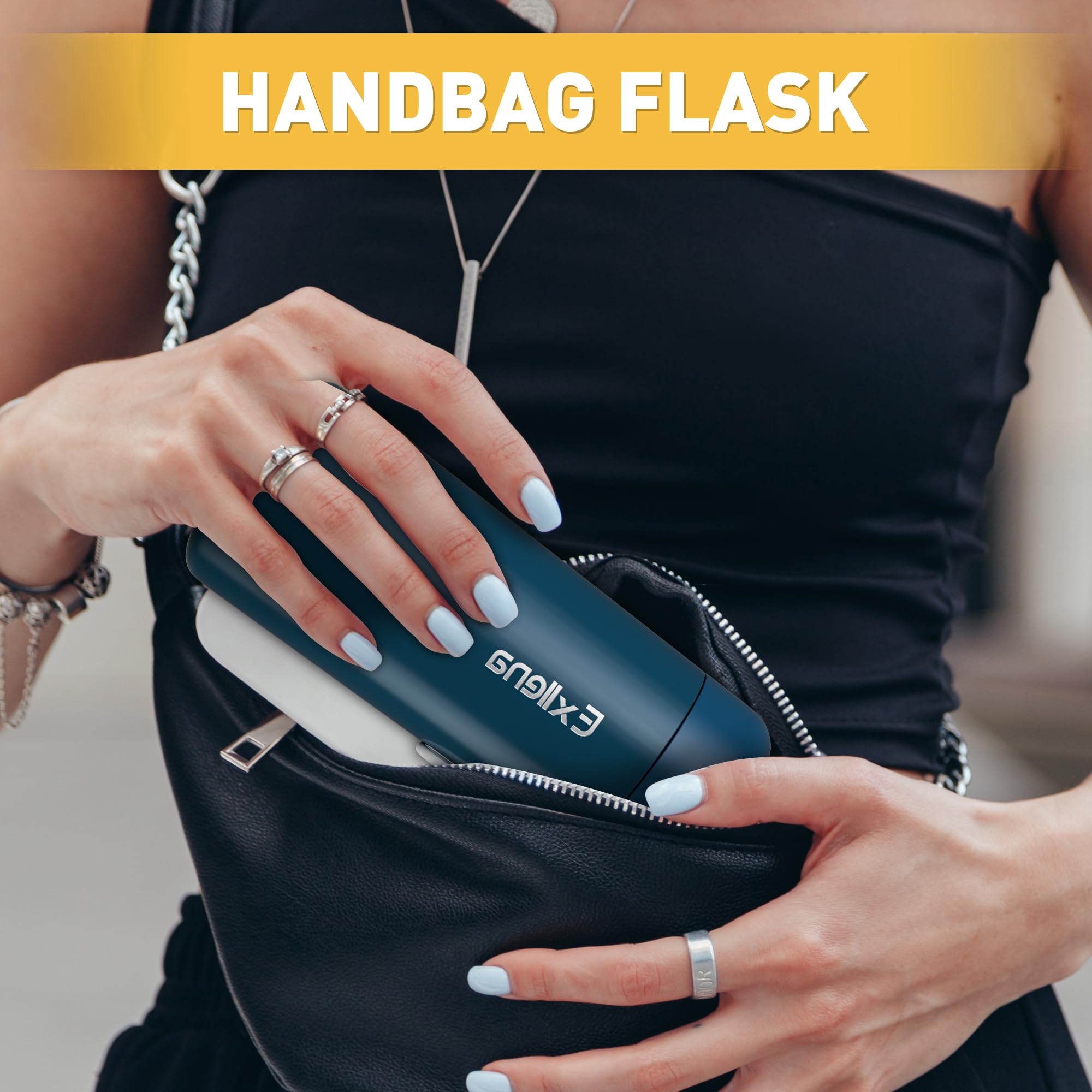 Exllena compact 8 oz bottle fits handbags and small bags easily.