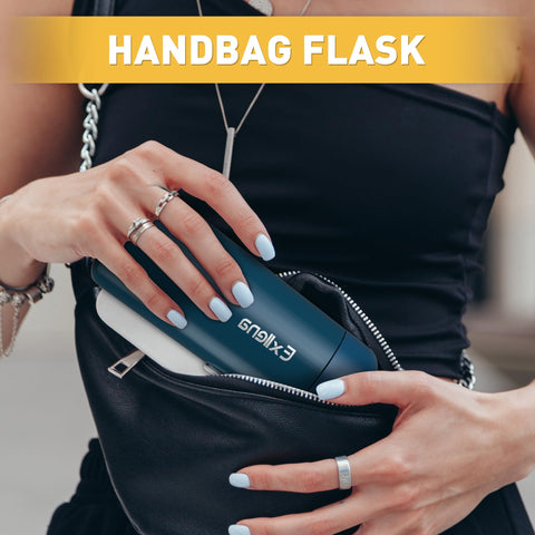 Exllena compact 8 oz bottle fits handbags and small bags easily.