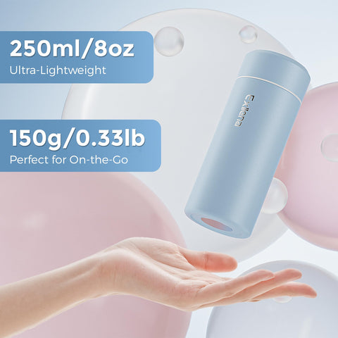 Exllena 8oz bottle in hand for on-the-go hydration.