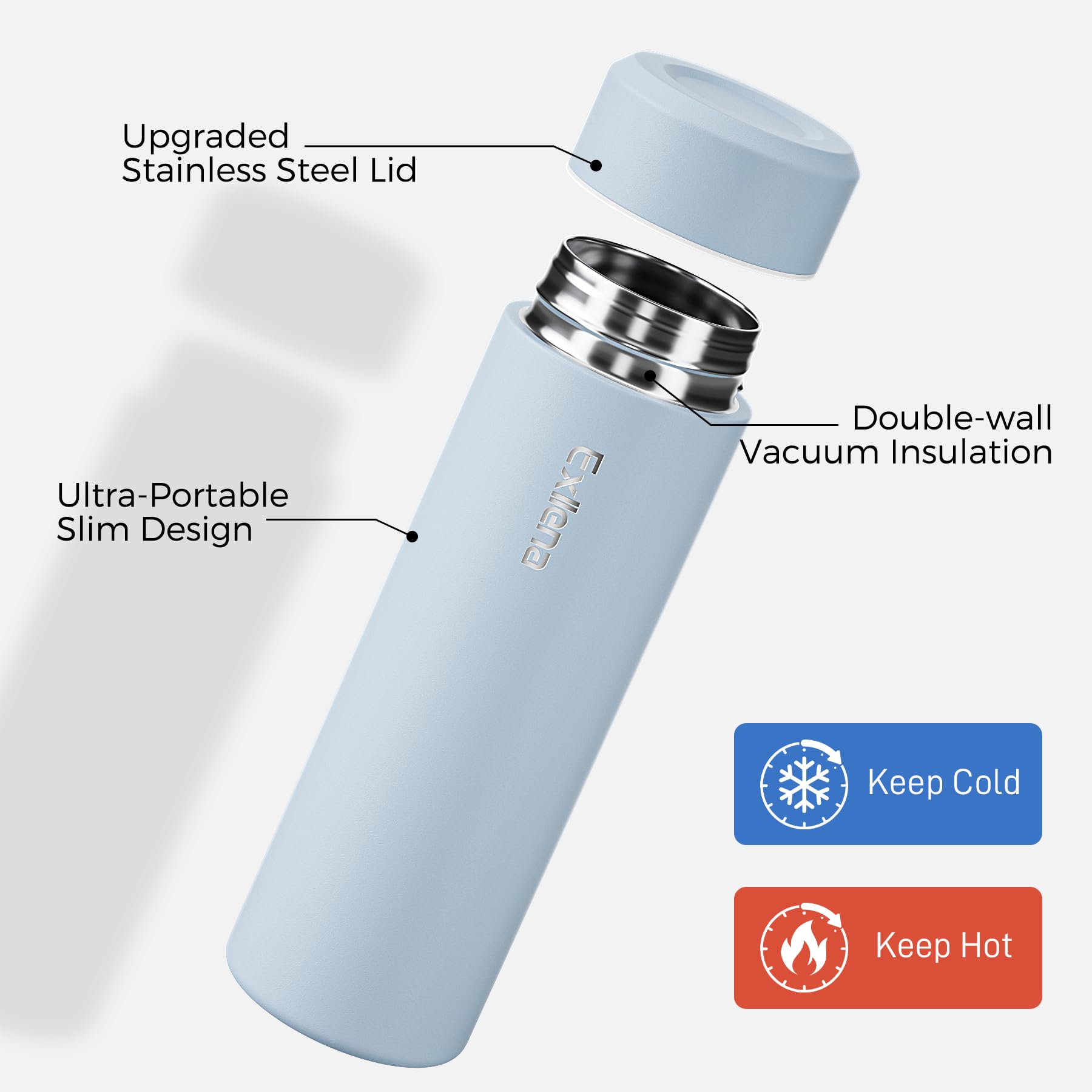 Exllena dual-layer vacuum bottle highlighting temperature retention