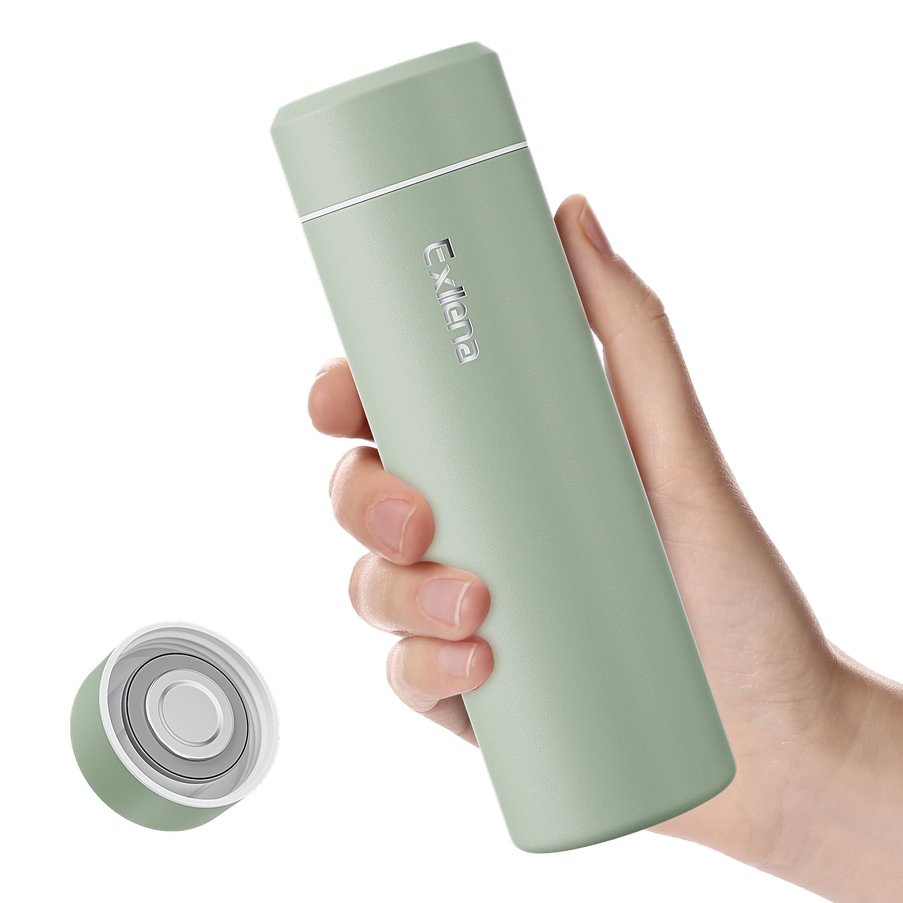 Exllena mini insulated bottle with sage-green cap for on-the-go hydration.