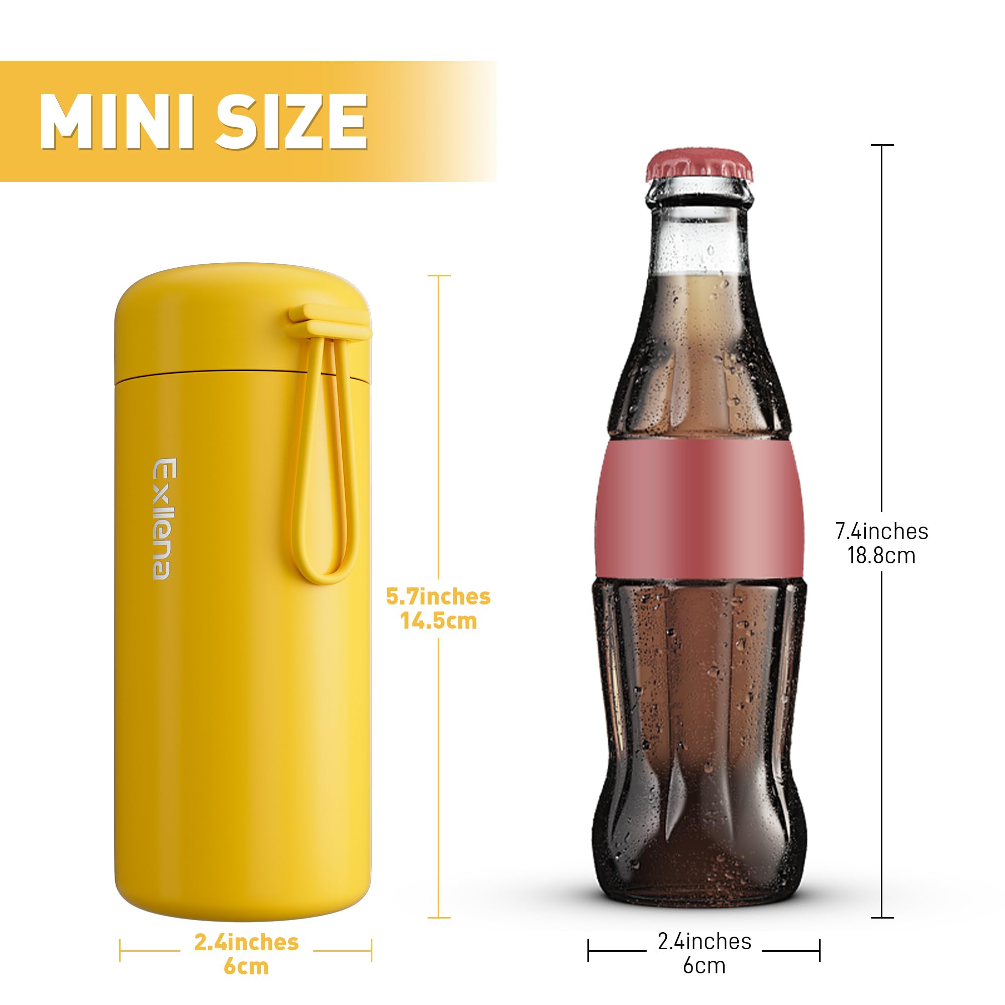 Exllena water bottle with carry handle, ideal for backpacks and purses.