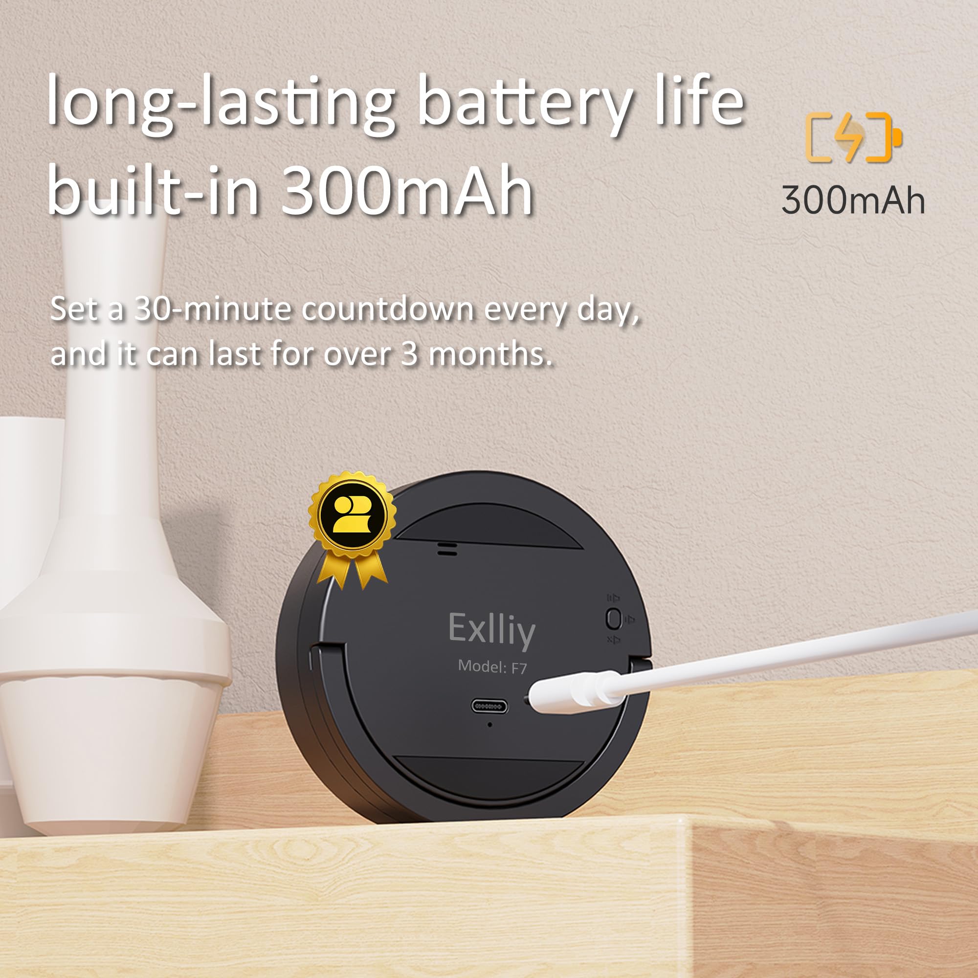 Exlliy timer shown charging on its rechargeable battery for uninterrupted use.
