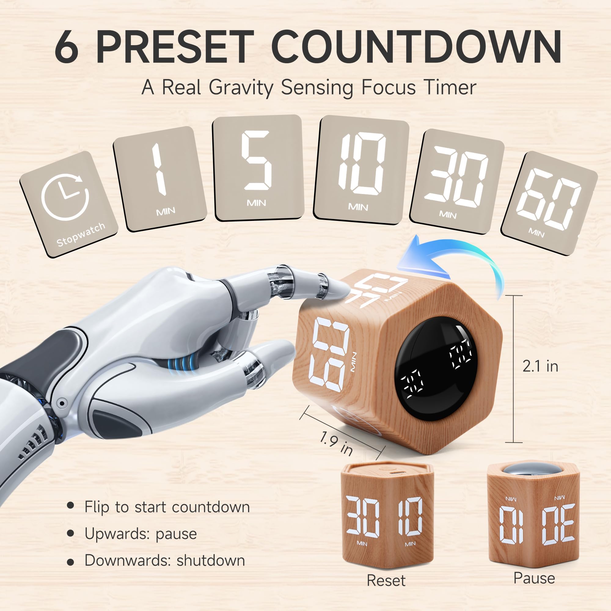Exlliy Productivity Timer wood grain side view for stylish study space