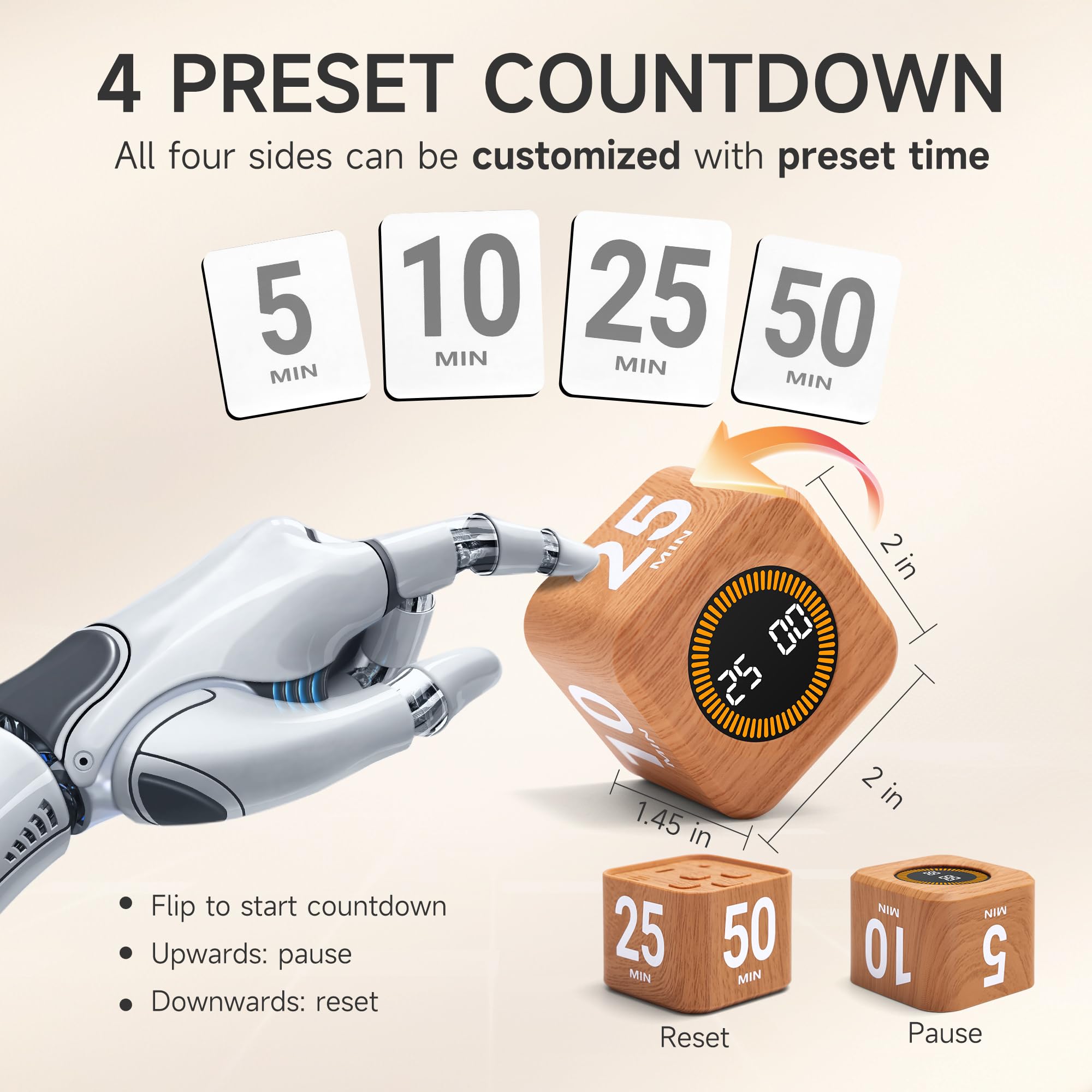 Exlliy timer presets 5/25/10/50 minutes support structured study blocks and breaks.