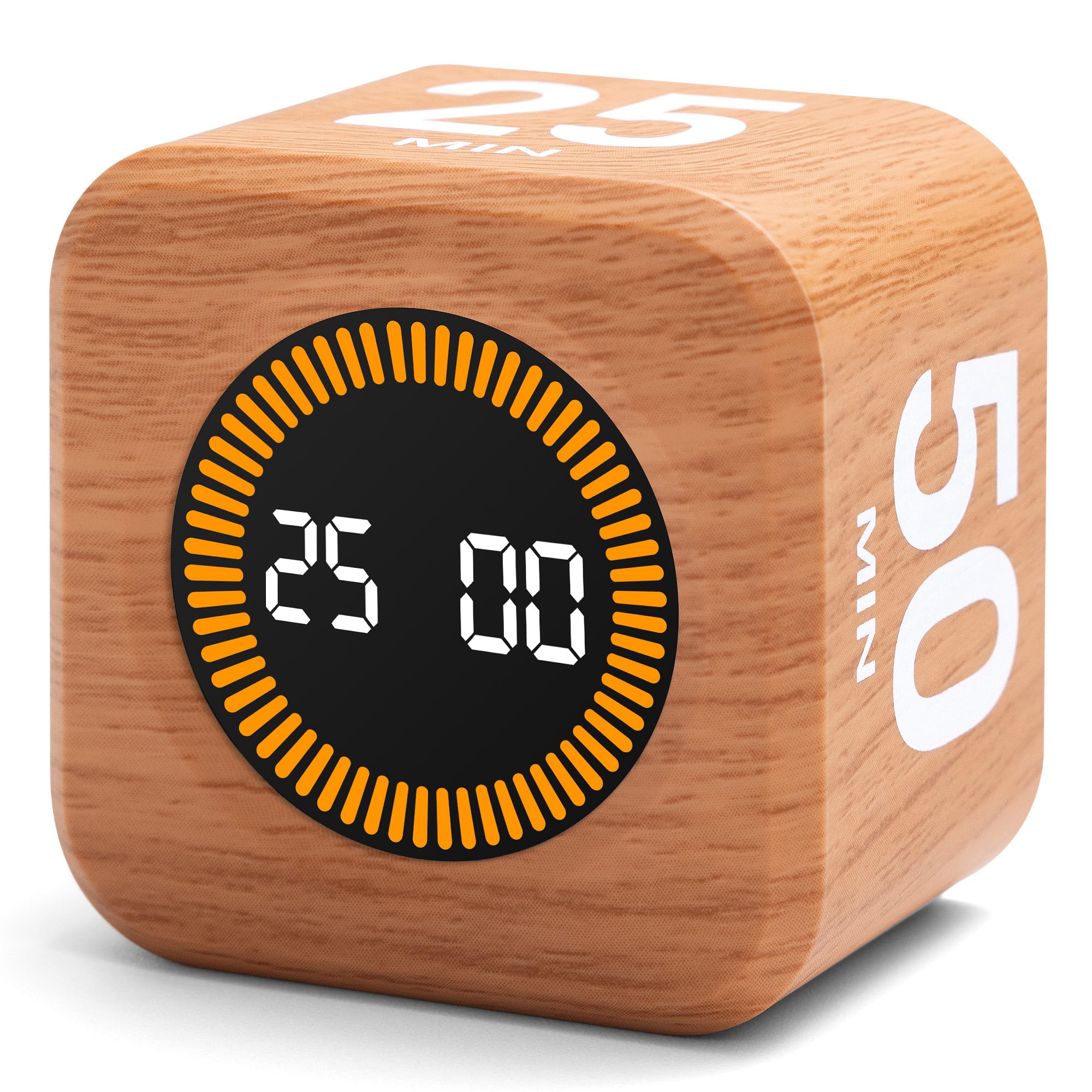 Exlliy Rotating Productivity Timer wood grain cube enhances desk focus during work.