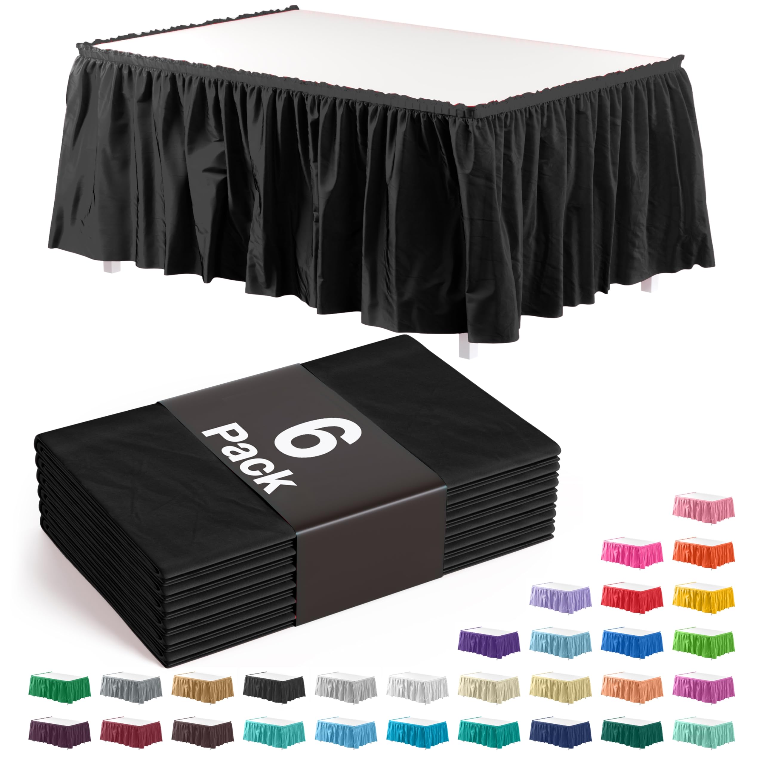 Exquisite black ruffle table skirt covers a 14ft table with elegant drape.