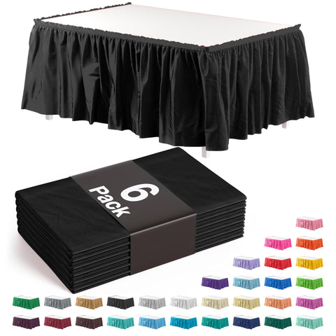 Exquisite black ruffle table skirt covers a 14ft table with elegant drape.