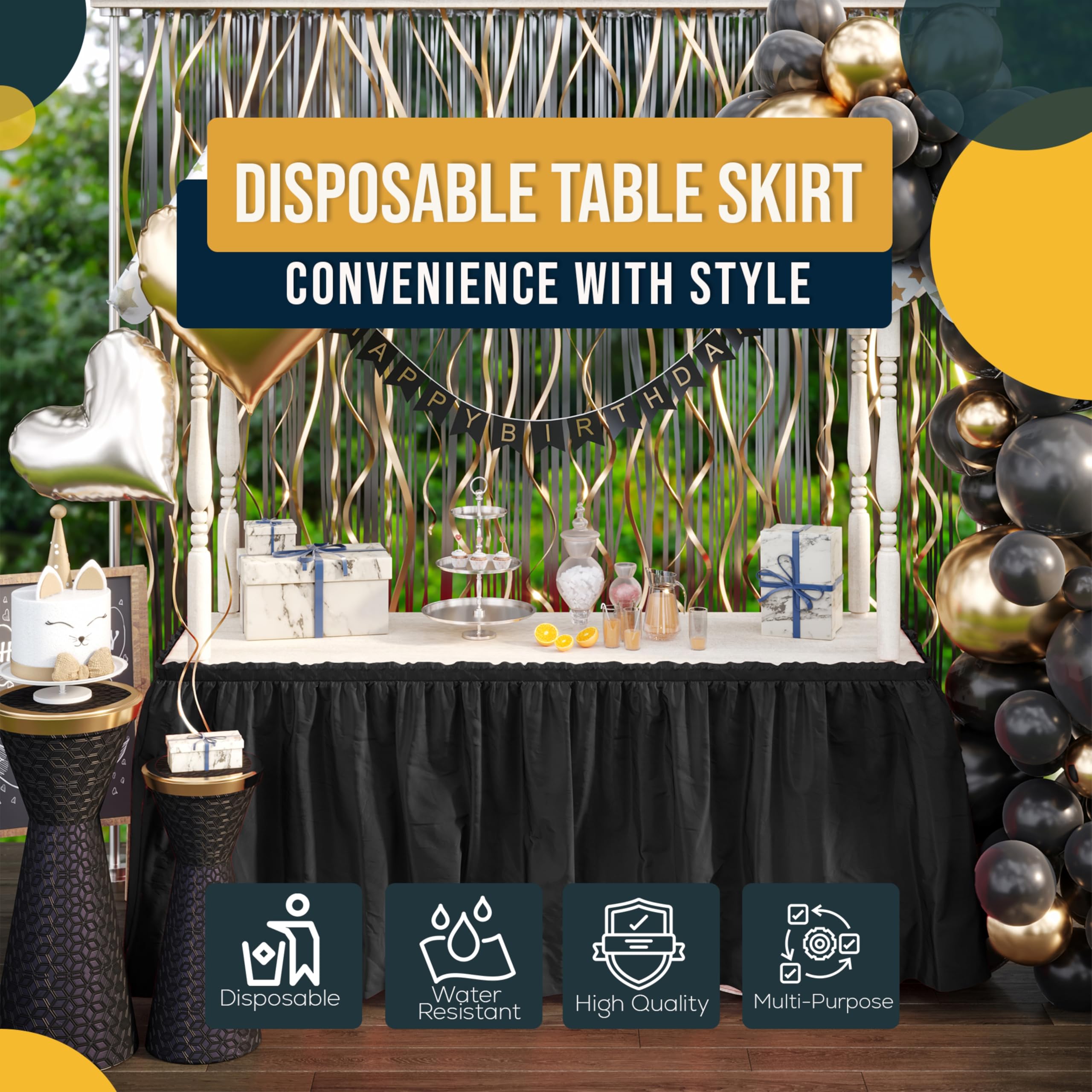 Exquisite black table skirt conceals edges and legs for a clean look.
