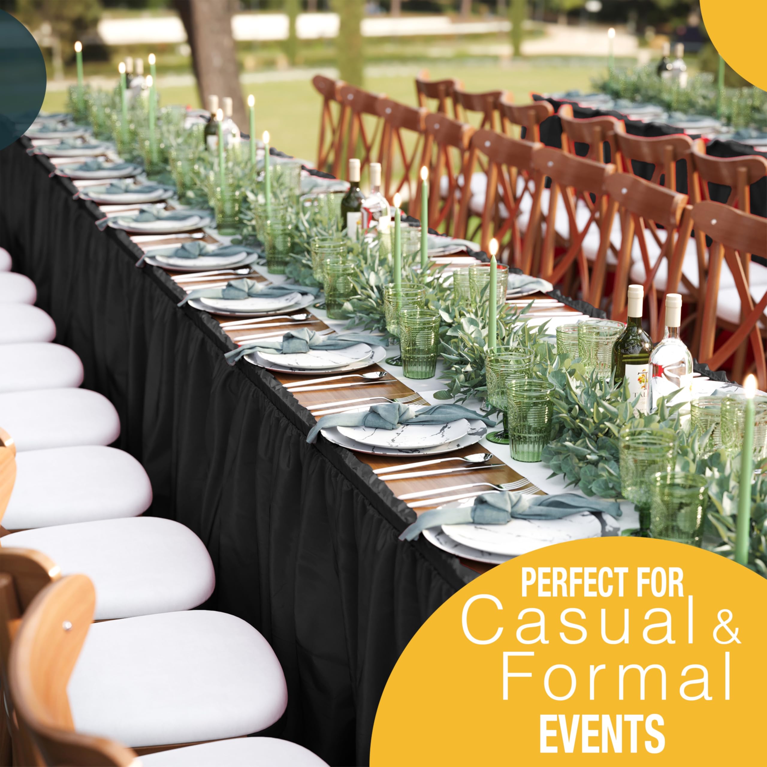 Exquisite black table skirt enhances wedding or party decor.