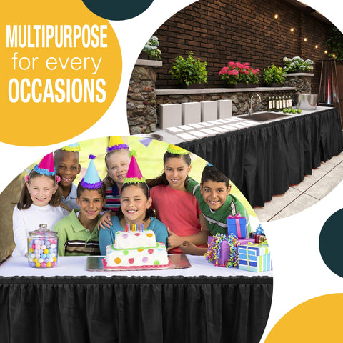 Exquisite black 14ft table skirt drapes smoothly over a long banquet table.