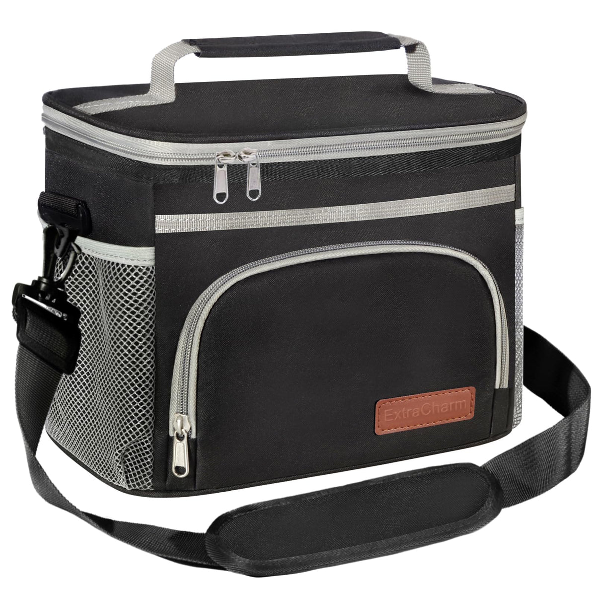 Extracharm insulated lunch bag front view, compact for office meals on the go.