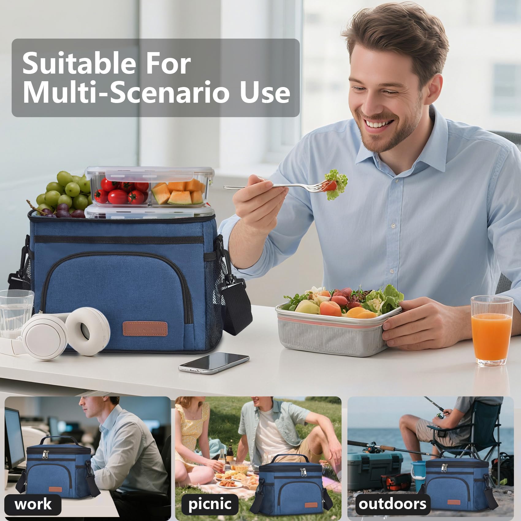ExtraCharm insulated lunch bag main compartment packed with meals and drinks