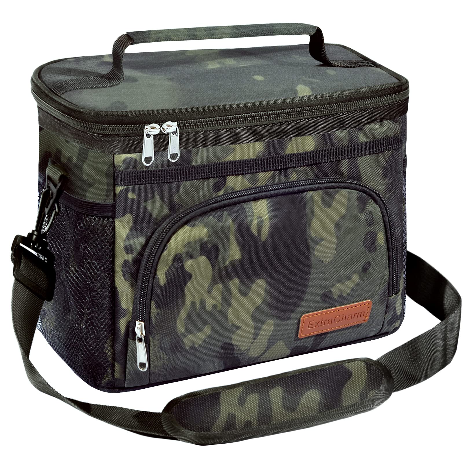 ExtraCharm insulated lunch bag top view in black camo with compact carry.