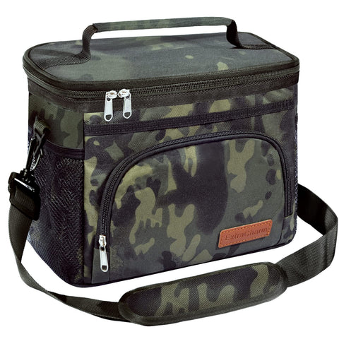 ExtraCharm insulated lunch bag top view in black camo with compact carry.