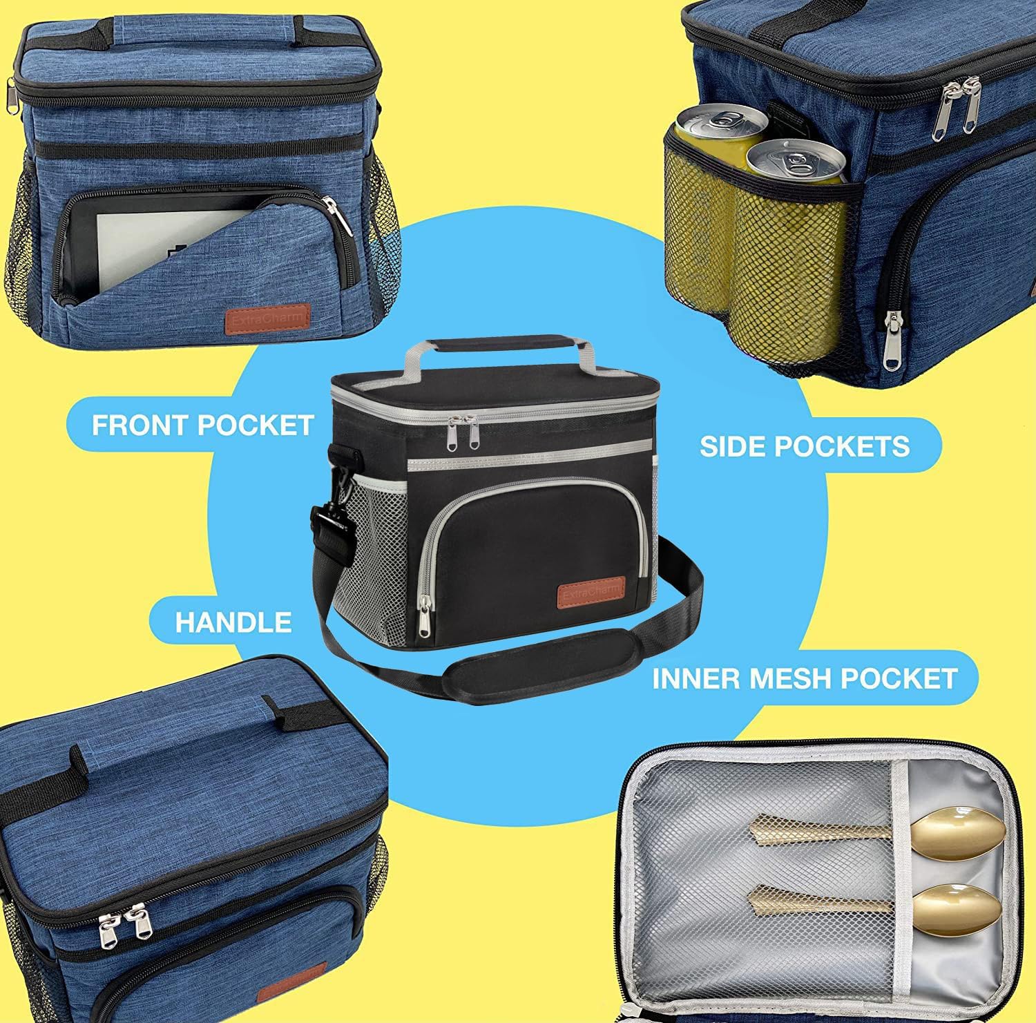 Extracharm lunch bag front pocket stores keys, cards, and napkins securely.