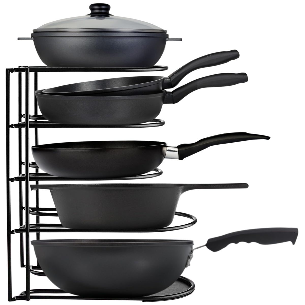 Extreme Matters 5-tier pot-pans storage rack keeps cookware organized and accessible.