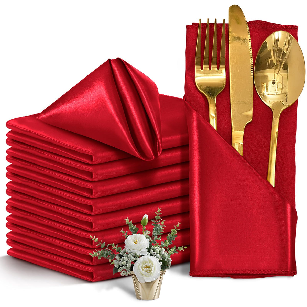 Eychei red satin napkins on a table for a classy dining setting