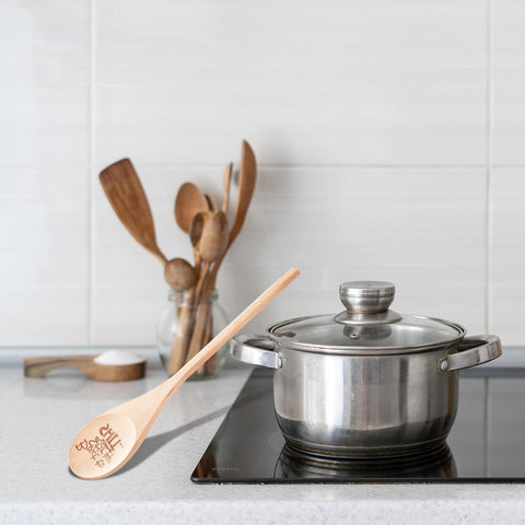 EYEOO long-handle spoon ideal for deep pot stirring and safe handling.
