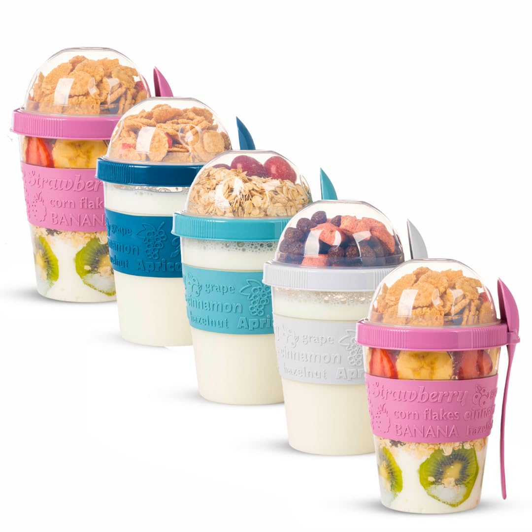 EYNEL 5-pack cereal yogurt cups with lids and spoon for fresh, on-the-go breakfasts.