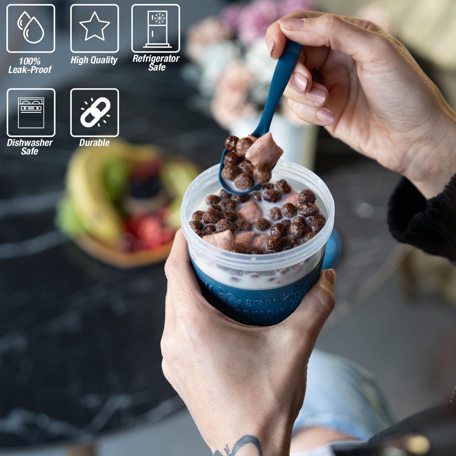 EYNEL airtight leakproof cups keep cereal and milk separate until ready to eat.
